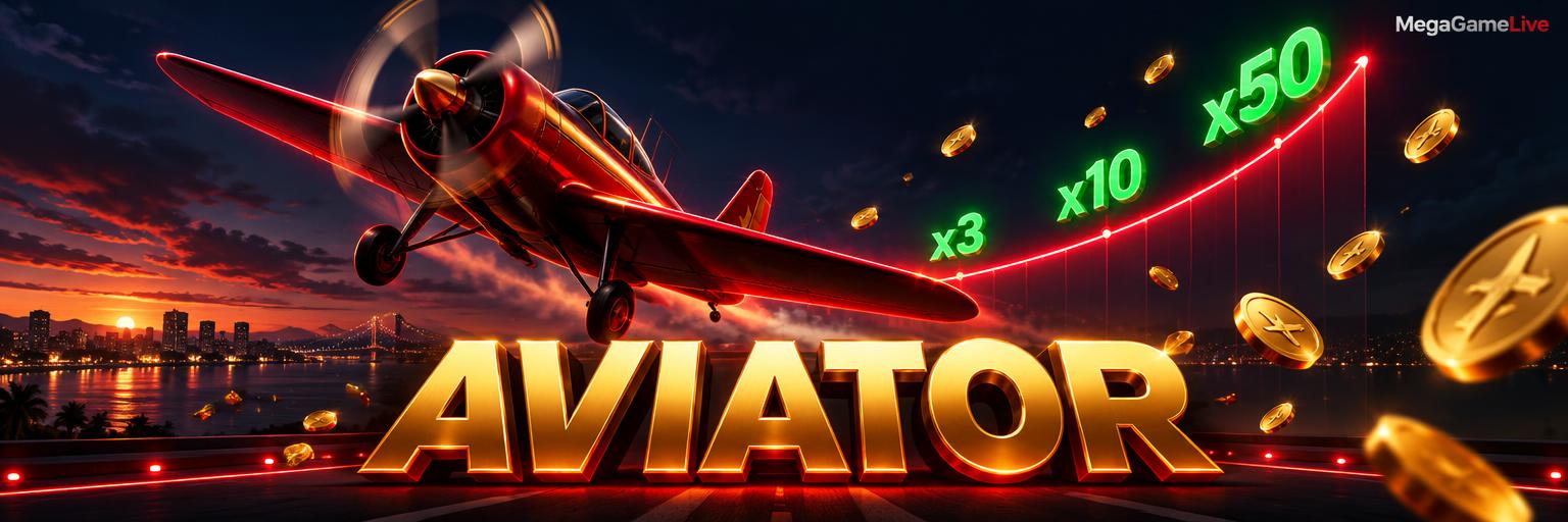Aviator — Avião do Aviator a descolar ao pôr do sol com gráfico de multiplicadores e moedas